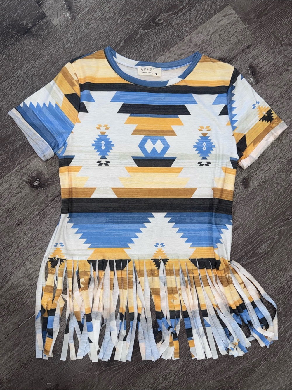Avery Blue, Mustard & Black Aztec Fringe Short Sleeve Top